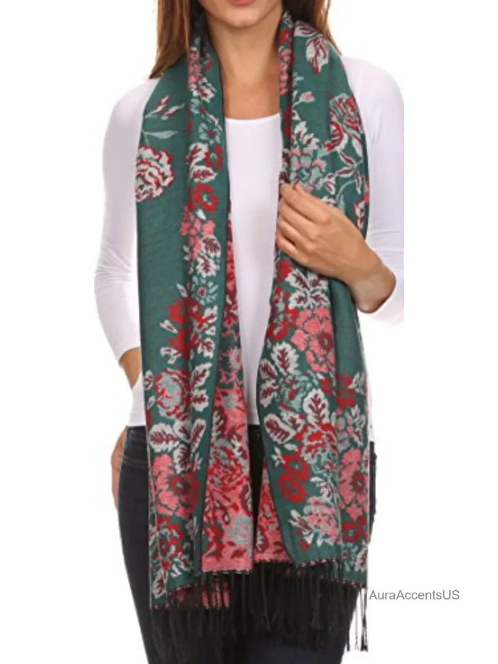 Floral Double Layer Pashmina Shawl Wrap with Fringe